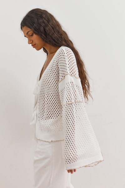 סריג מחורר קמיל בשילוב קשירות | לבן/בז'