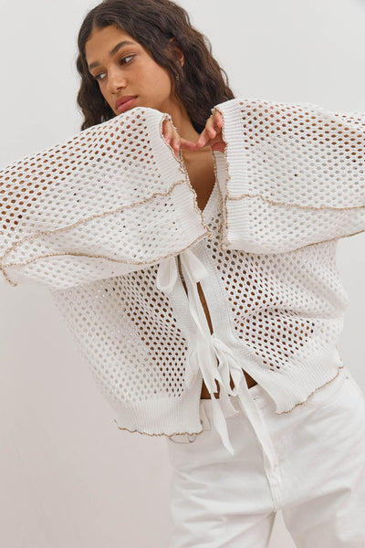 סריג מחורר קמיל בשילוב קשירות | לבן/בז'