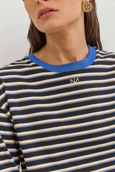 חולצת טי סטרייפס אנורה רקמת לוגו | שחור/שמנת