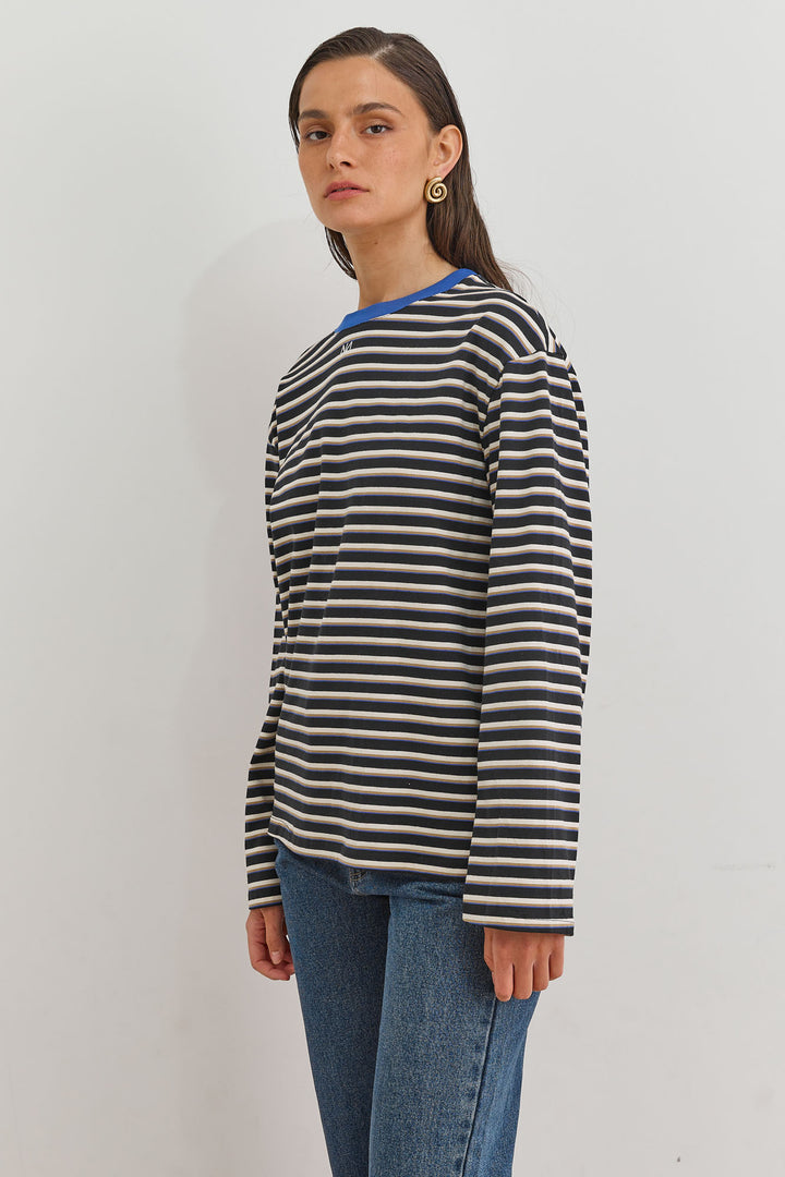 חולצת טי סטרייפס אנורה רקמת לוגו | שחור/שמנת