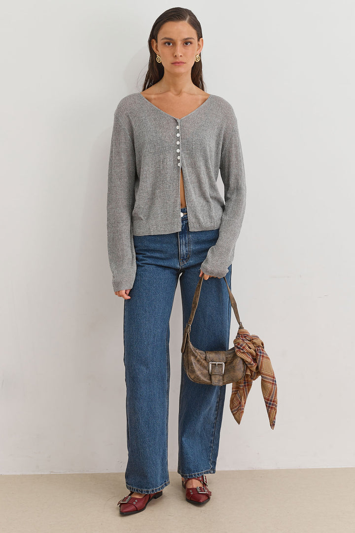 חולצת סריג מיידן כפתורים עם טקסטורה | אפור