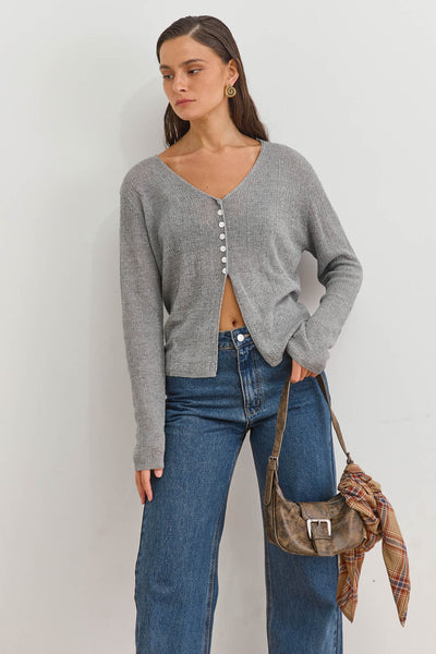 חולצת סריג מיידן כפתורים עם טקסטורה | אפור