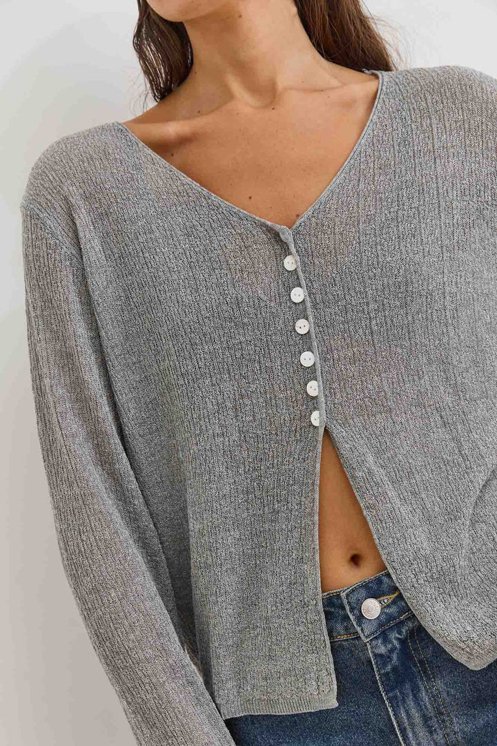 חולצת סריג מיידן כפתורים עם טקסטורה | אפור