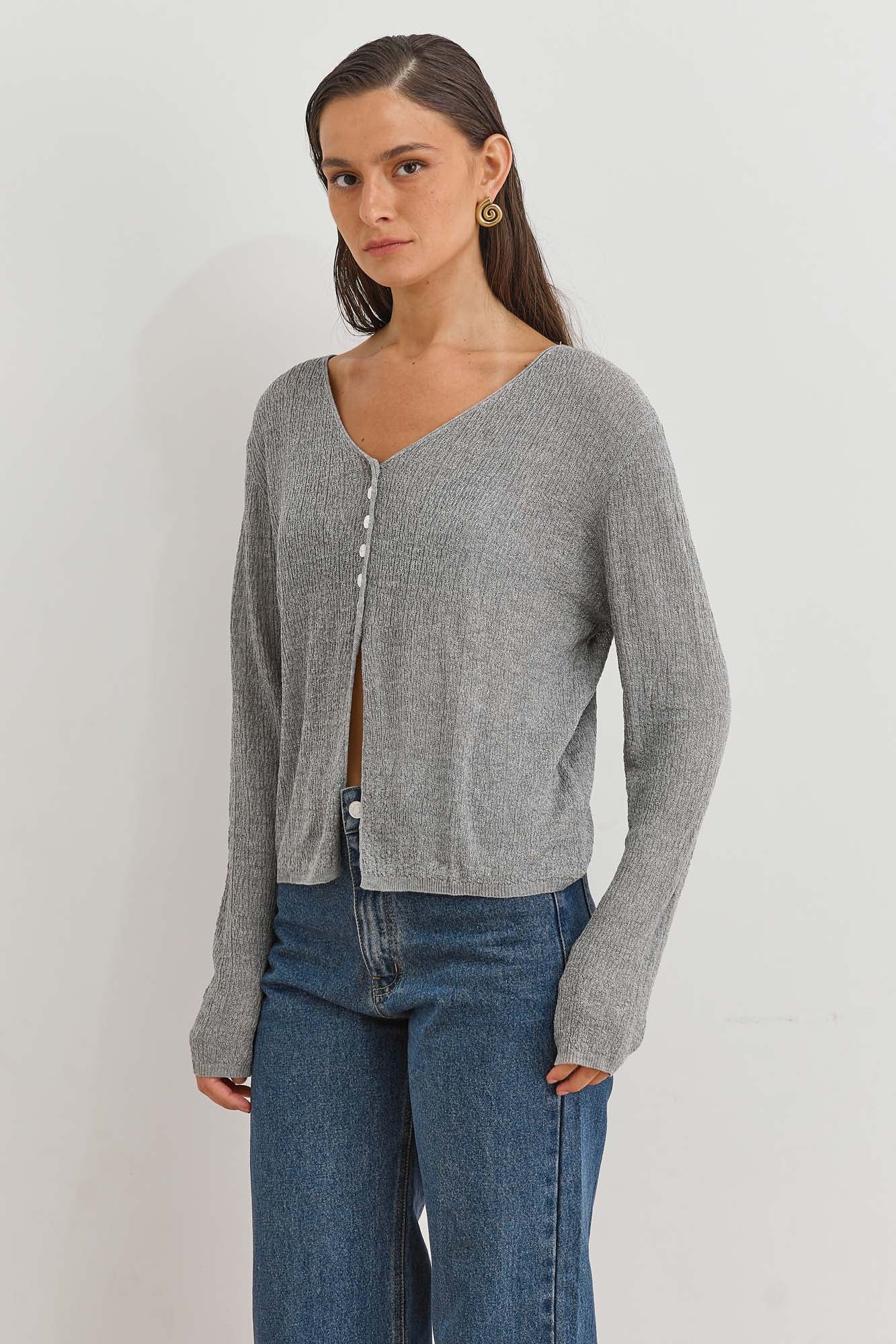 חולצת סריג מיידן כפתורים עם טקסטורה | אפור