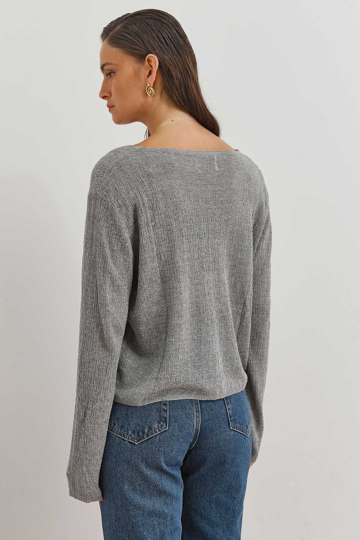 חולצת סריג מיידן כפתורים עם טקסטורה | אפור