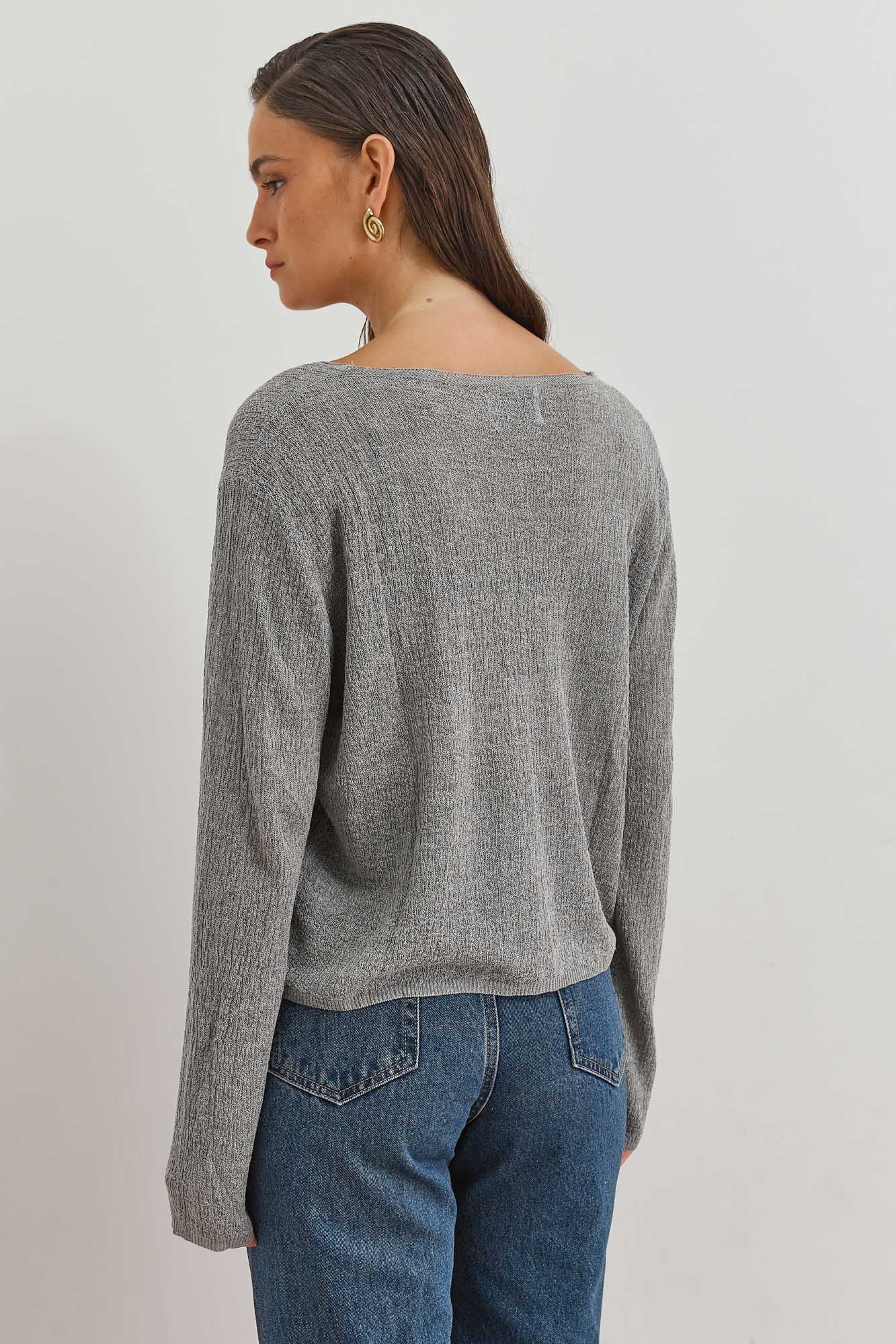 חולצת סריג מיידן כפתורים עם טקסטורה | אפור