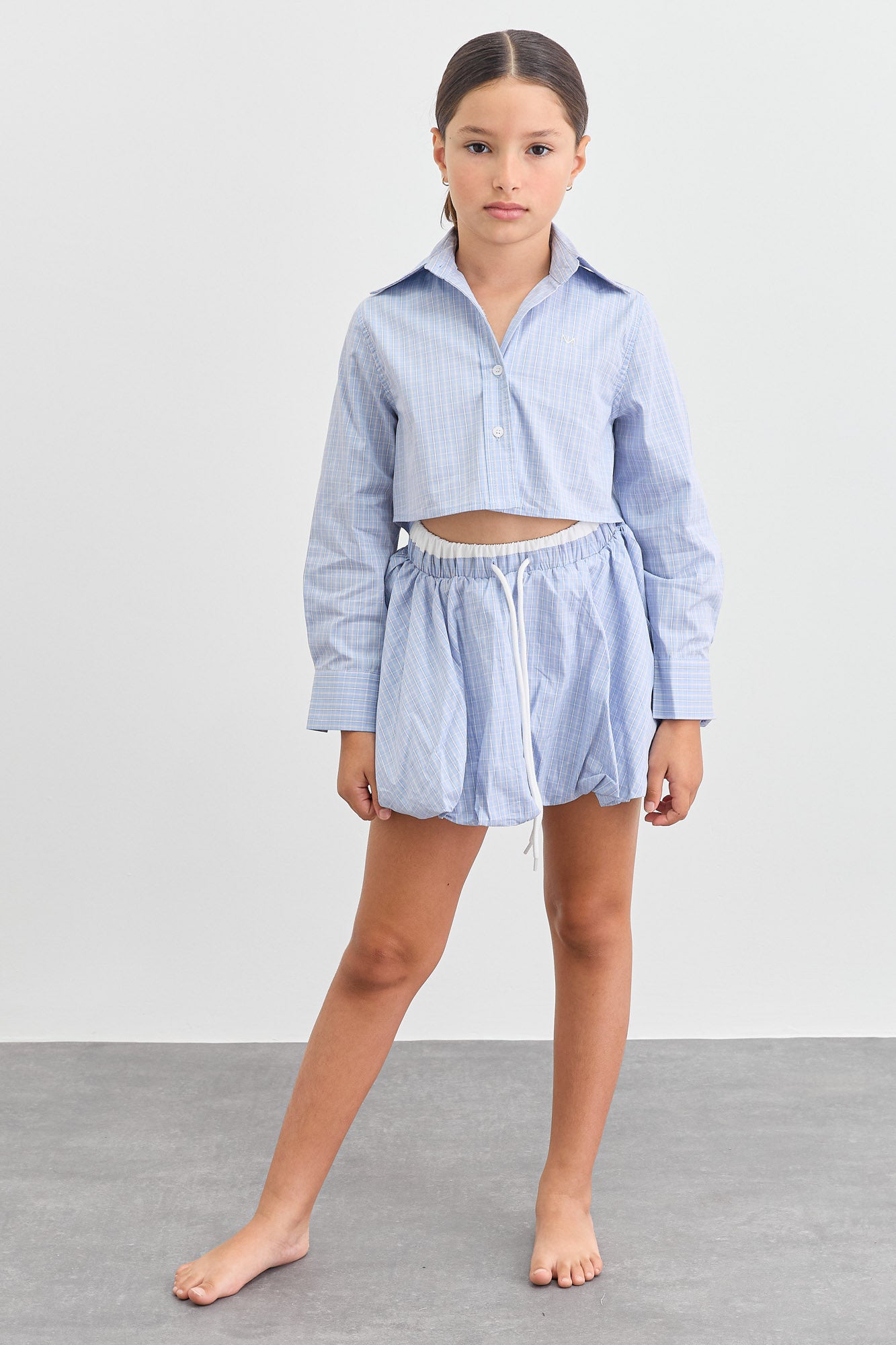 מכופתרת משבצות גזרת קרופ | כחול