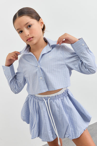 מכופתרת משבצות גזרת קרופ | כחול