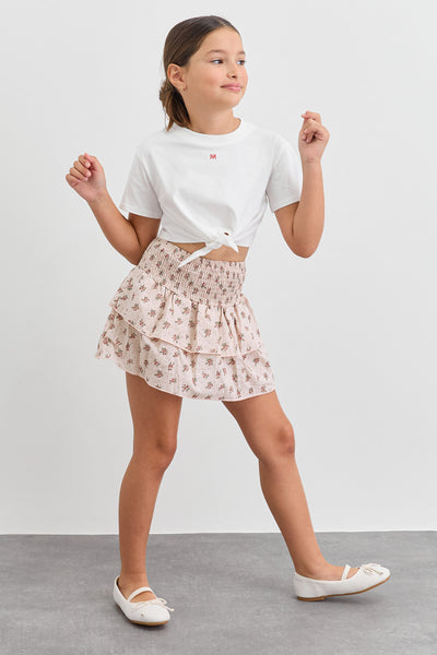 טי שירט בגזרת קרופ עם קשירה קדמית | לבן