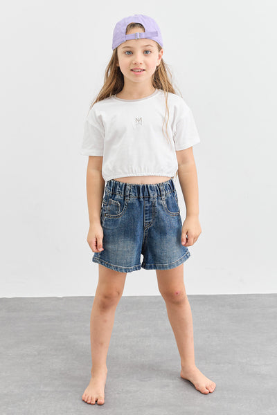 טי שירט בגזרת קרופ גומי במותן | לבן/בז'