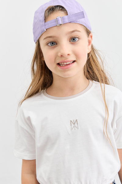 טי שירט בגזרת קרופ גומי במותן | לבן/בז'