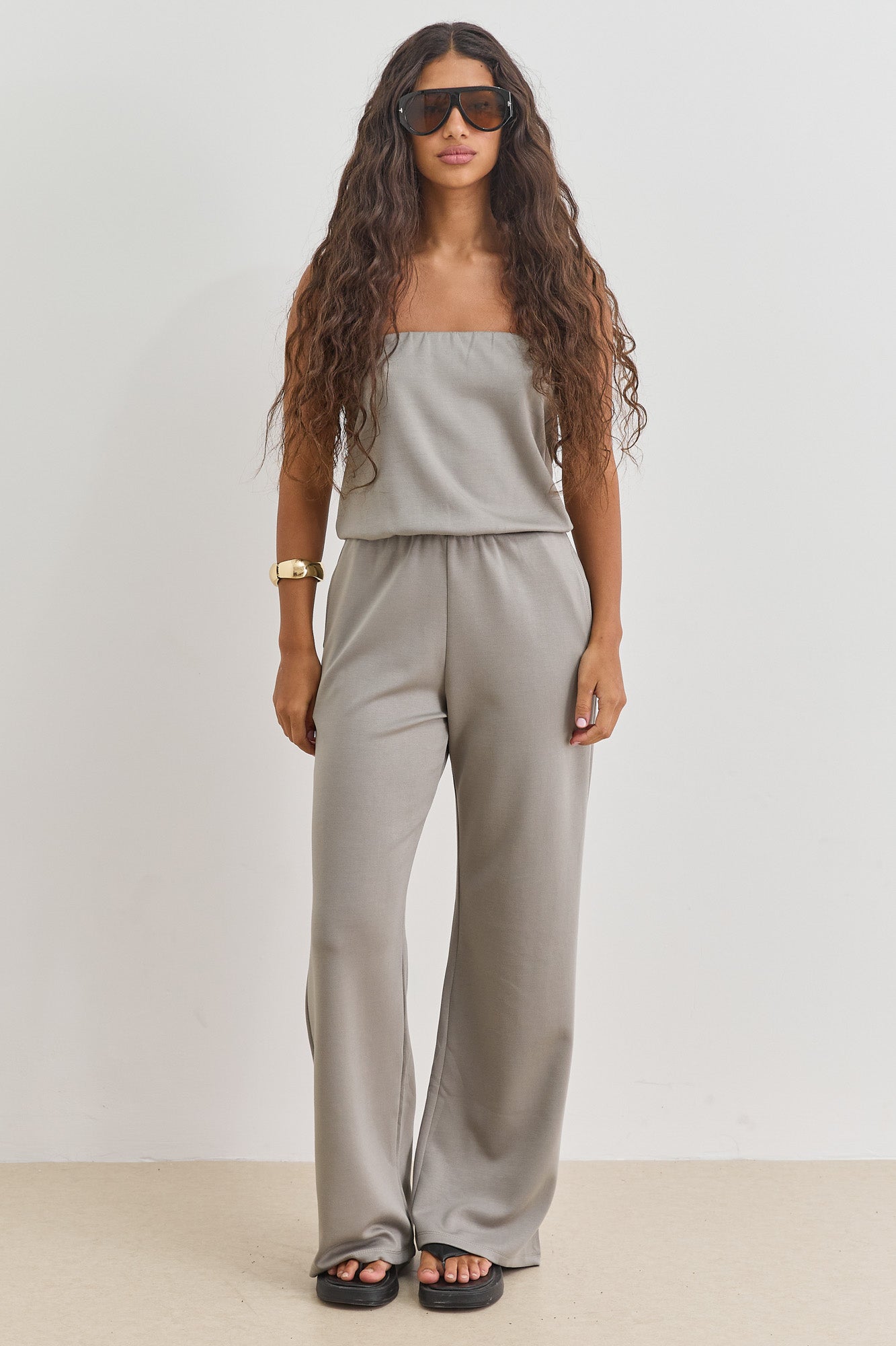 אוברול סטרפלס סלין גומי במותן | ירוק זית