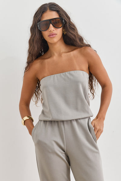 אוברול סטרפלס סלין גומי במותן | ירוק זית