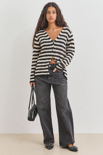 קרדיגן עמנואל סטרייפס כפתורי לב | בז'/שחור