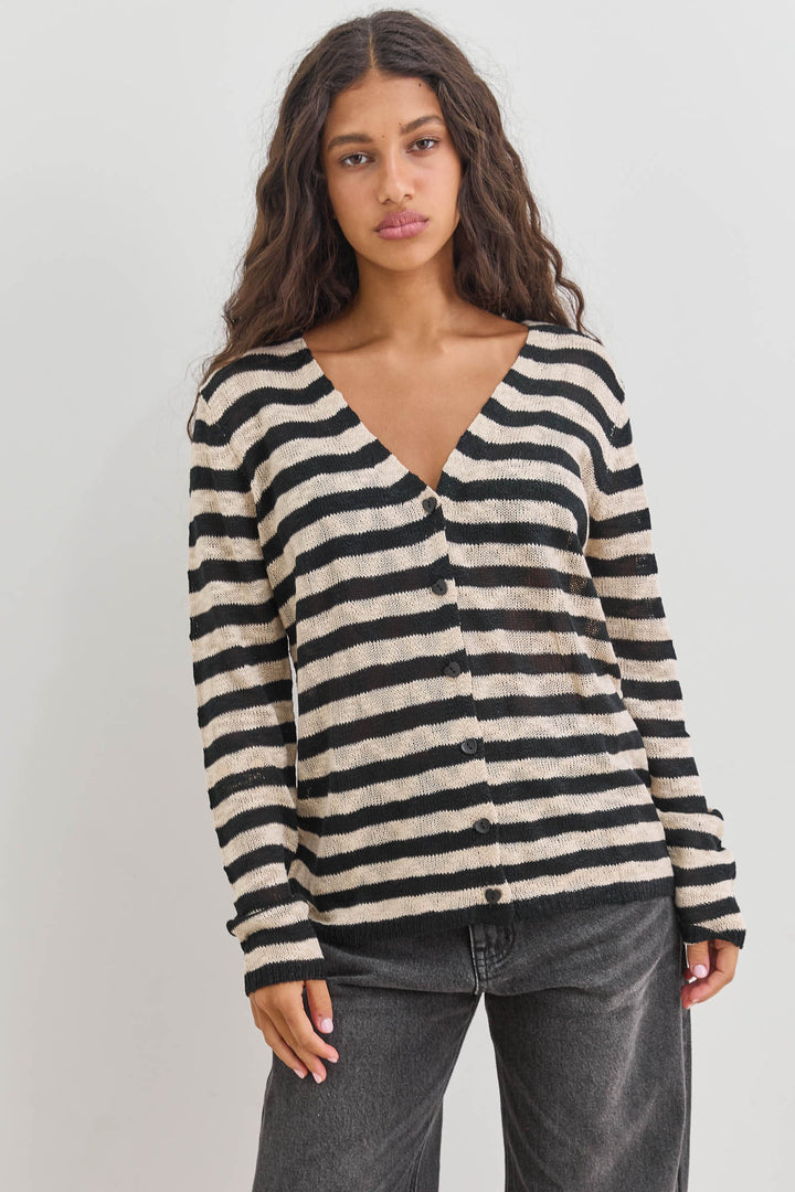 קרדיגן עמנואל סטרייפס כפתורי לב | בז'/שחור