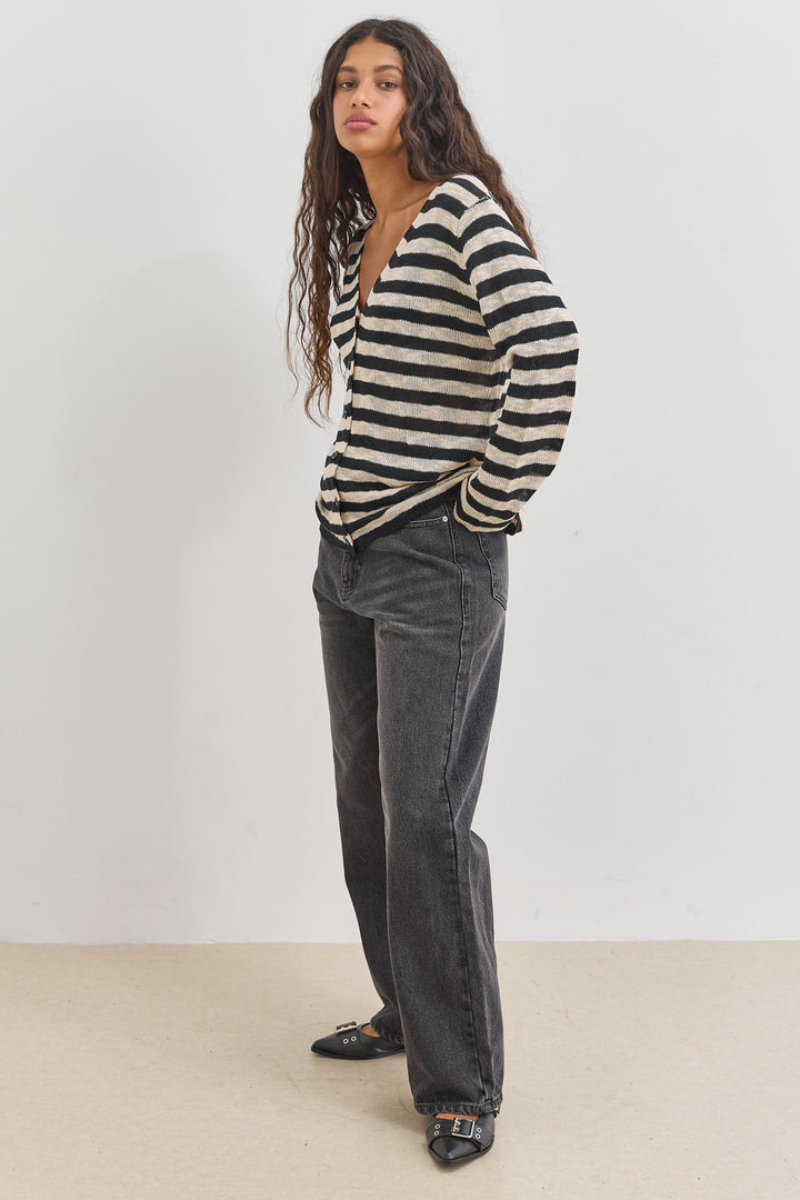 קרדיגן עמנואל סטרייפס כפתורי לב | בז'/שחור