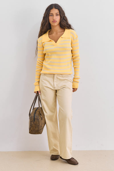 סריג פיאנו סטרייפס עם צווארון | צהוב/בז׳