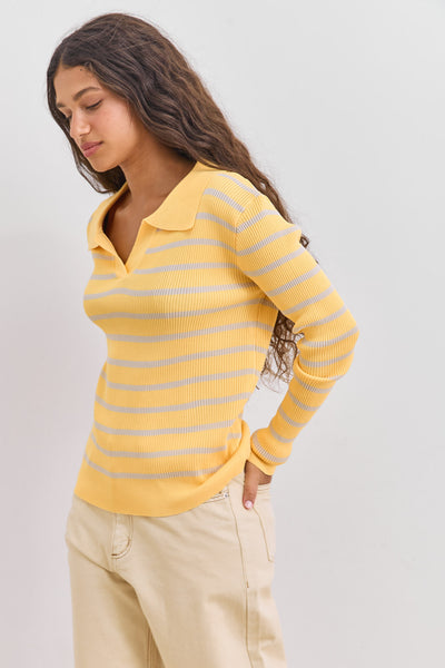 סריג פיאנו סטרייפס עם צווארון | צהוב/בז׳