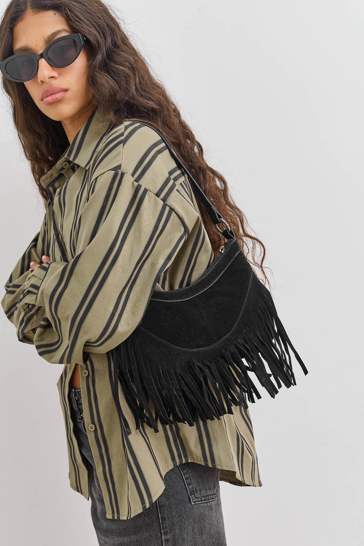 תיק זמש מייסי בשילוב פרנזים |שחור