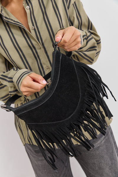 תיק זמש מייסי בשילוב פרנזים |שחור