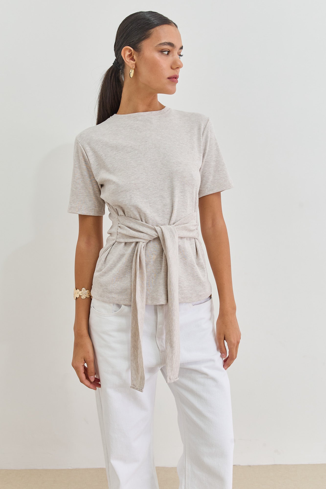 חולצת אנני רצועות קשירה | בז' מלאנז'