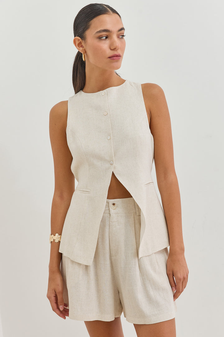 ווסט מנדי דמוי פשתן עם קשירה | בז'