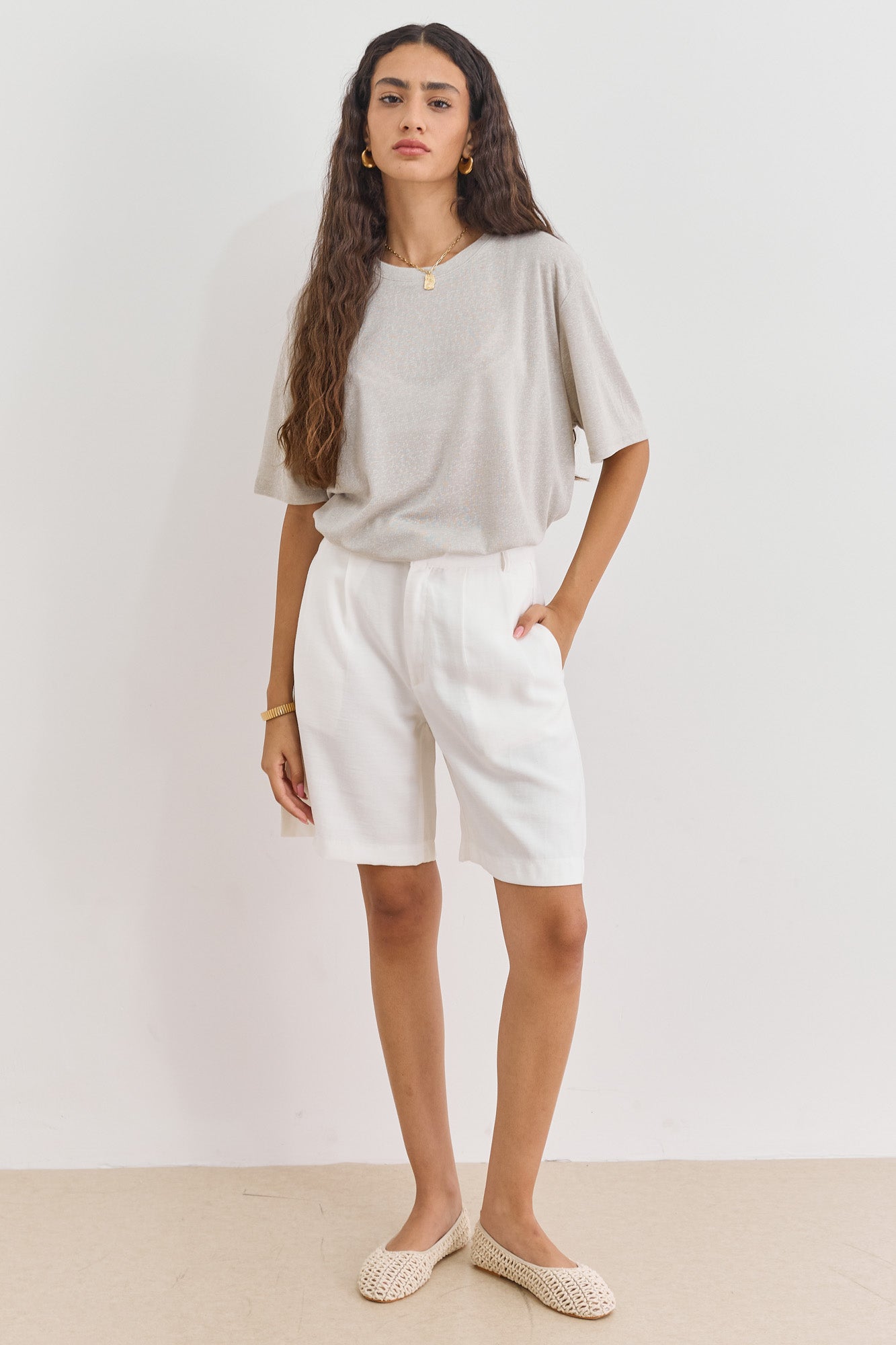 מכנסי ברמודה קווין דמוי פשתן | לבן