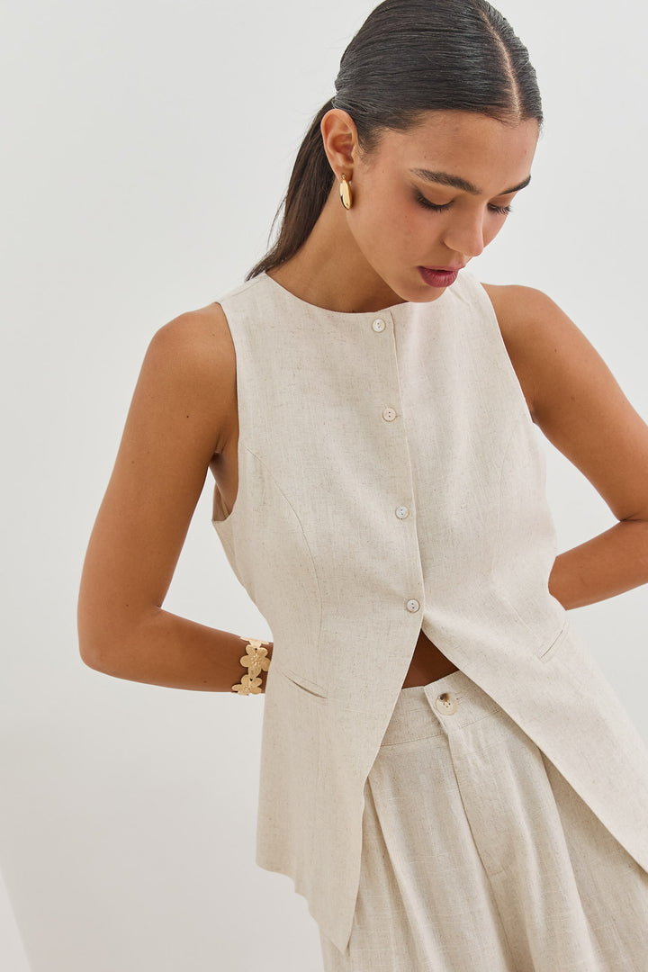 ווסט מנדי דמוי פשתן עם קשירה | בז'