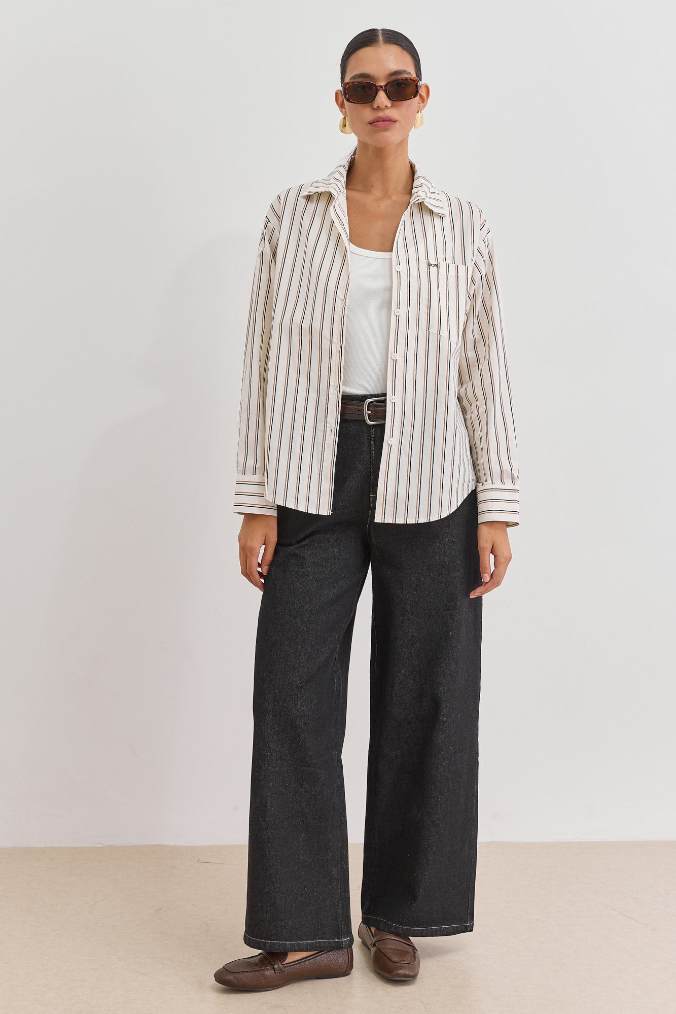 מכופתרת קייטי סטרייפס שרוול ארוך | קרם/חום