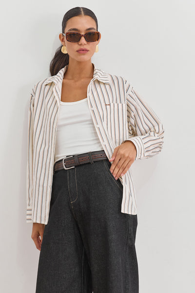 מכופתרת קייטי סטרייפס שרוול ארוך | קרם/חום