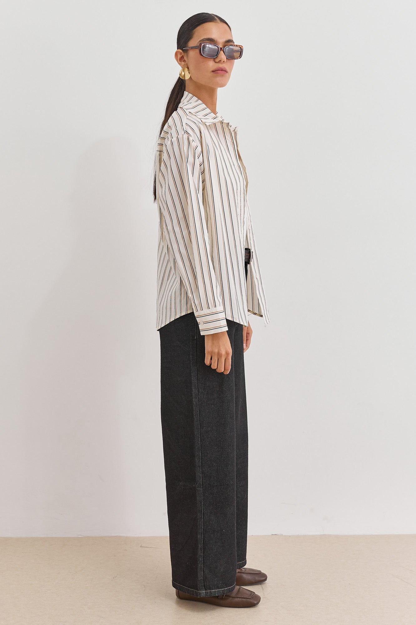 מכופתרת קייטי סטרייפס שרוול ארוך | קרם/חום