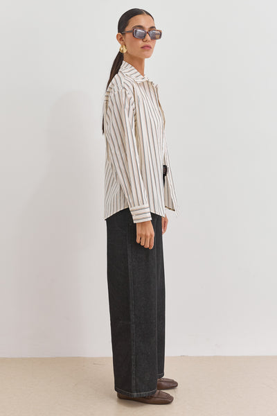 מכופתרת קייטי סטרייפס שרוול ארוך | קרם/חום