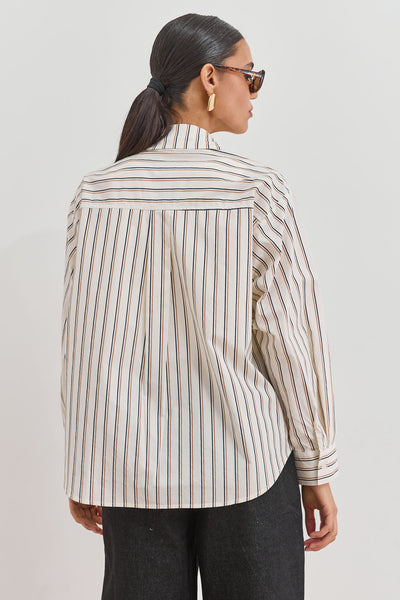 מכופתרת קייטי סטרייפס שרוול ארוך | קרם/חום