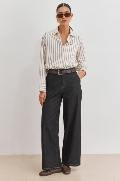 מכופתרת קייטי סטרייפס שרוול ארוך | קרם/חום