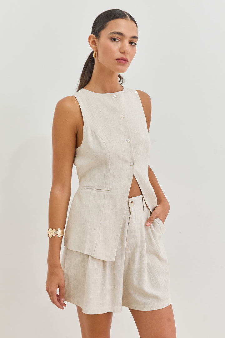 ווסט מנדי דמוי פשתן עם קשירה | בז'