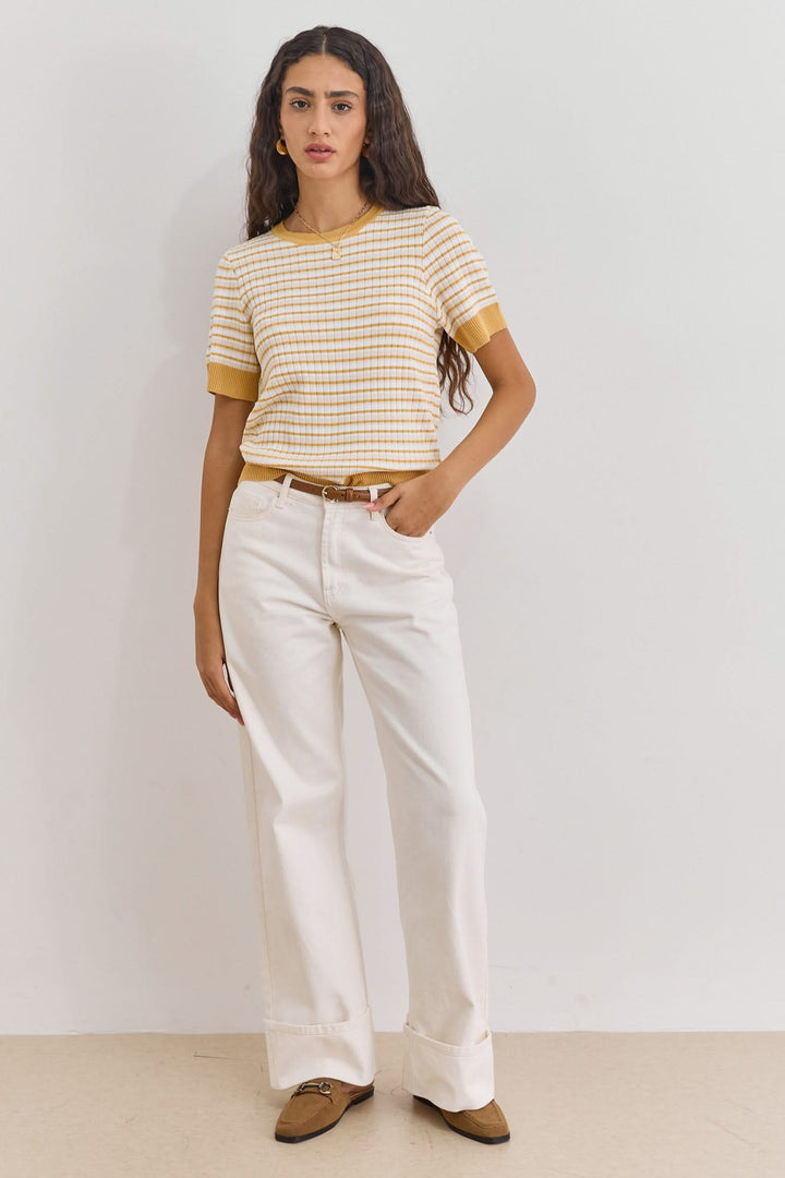 חולצת סריג דק מישל סטרייפס | בז'/צהוב