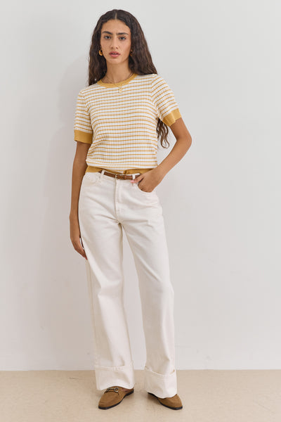 חולצת סריג דק מישל סטרייפס | בז'/צהוב
