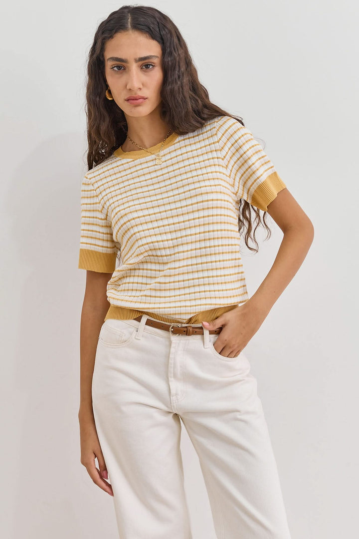 חולצת סריג דק מישל סטרייפס | בז'/צהוב
