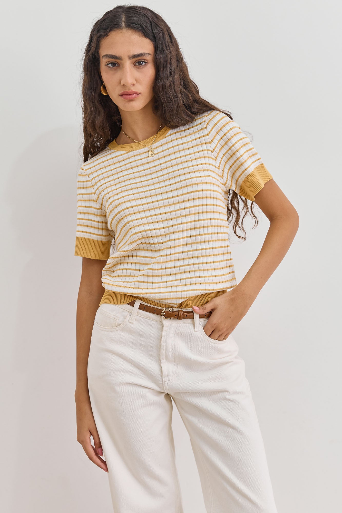 חולצת סריג דק מישל סטרייפס | בז'/צהוב