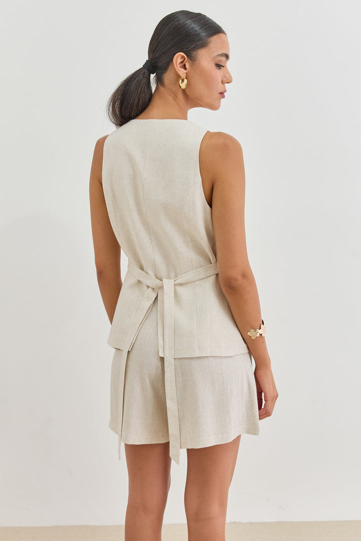 ווסט מנדי דמוי פשתן עם קשירה | בז'