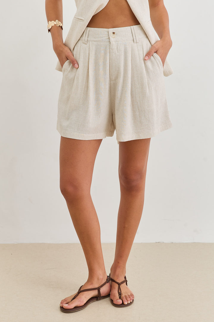 מכנסי מנדי דמוי פשתן עם קפלים | בז'