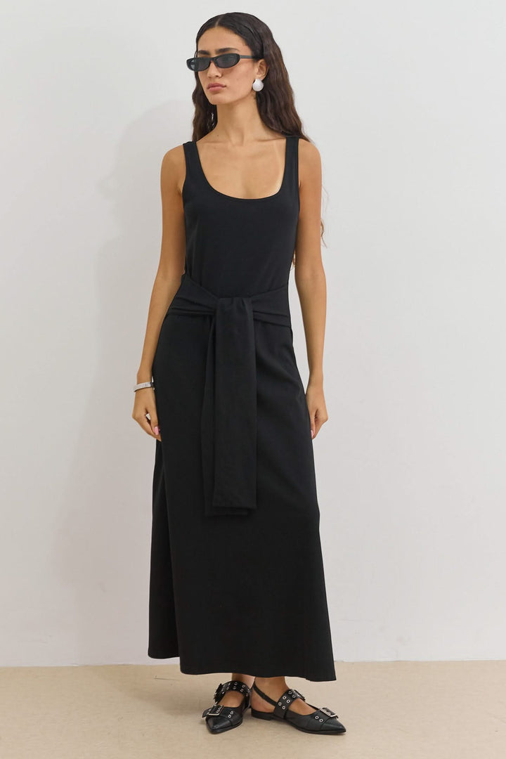 שמלת מקסי אוליב דיטייל קשירה | שחור