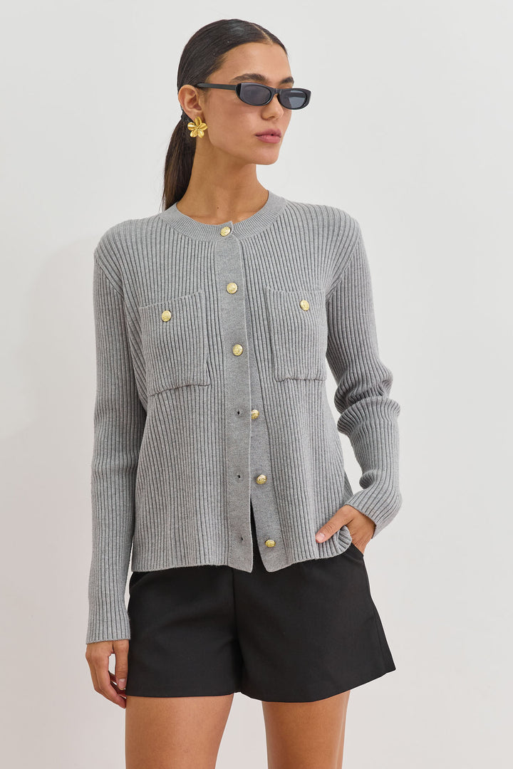 קרדיגן סריג רובי בשילוב כפתורים | אפור