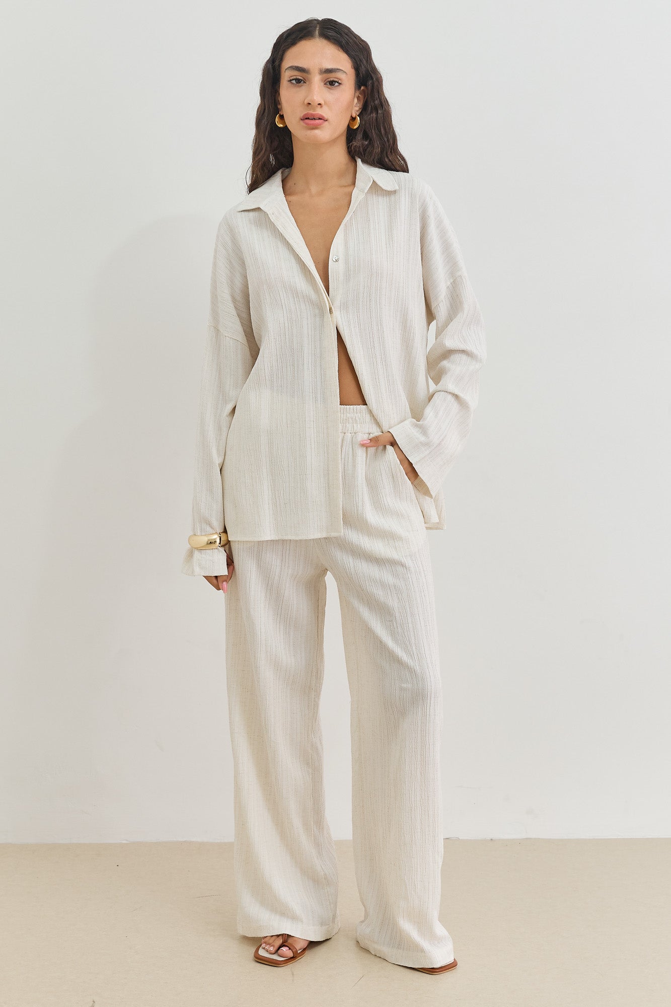 מכנסי גורג'ס בד טקסטורה | שמנת