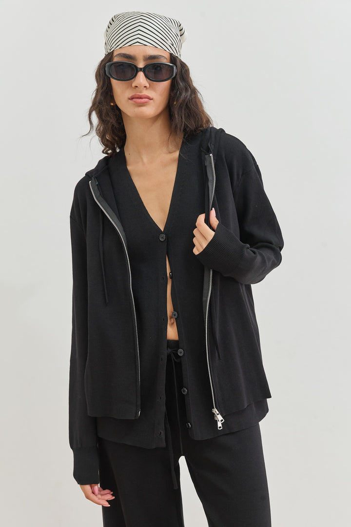 קפוצ'ון סריג נואל בשילוב רוכסן | שחור