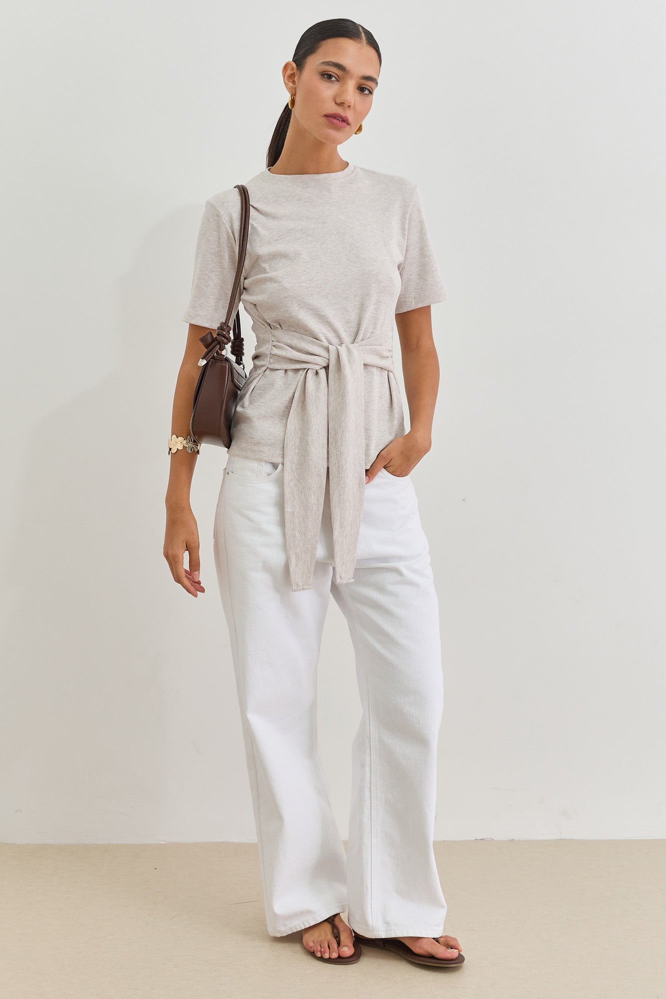 חולצת אנני רצועות קשירה | בז' מלאנז'