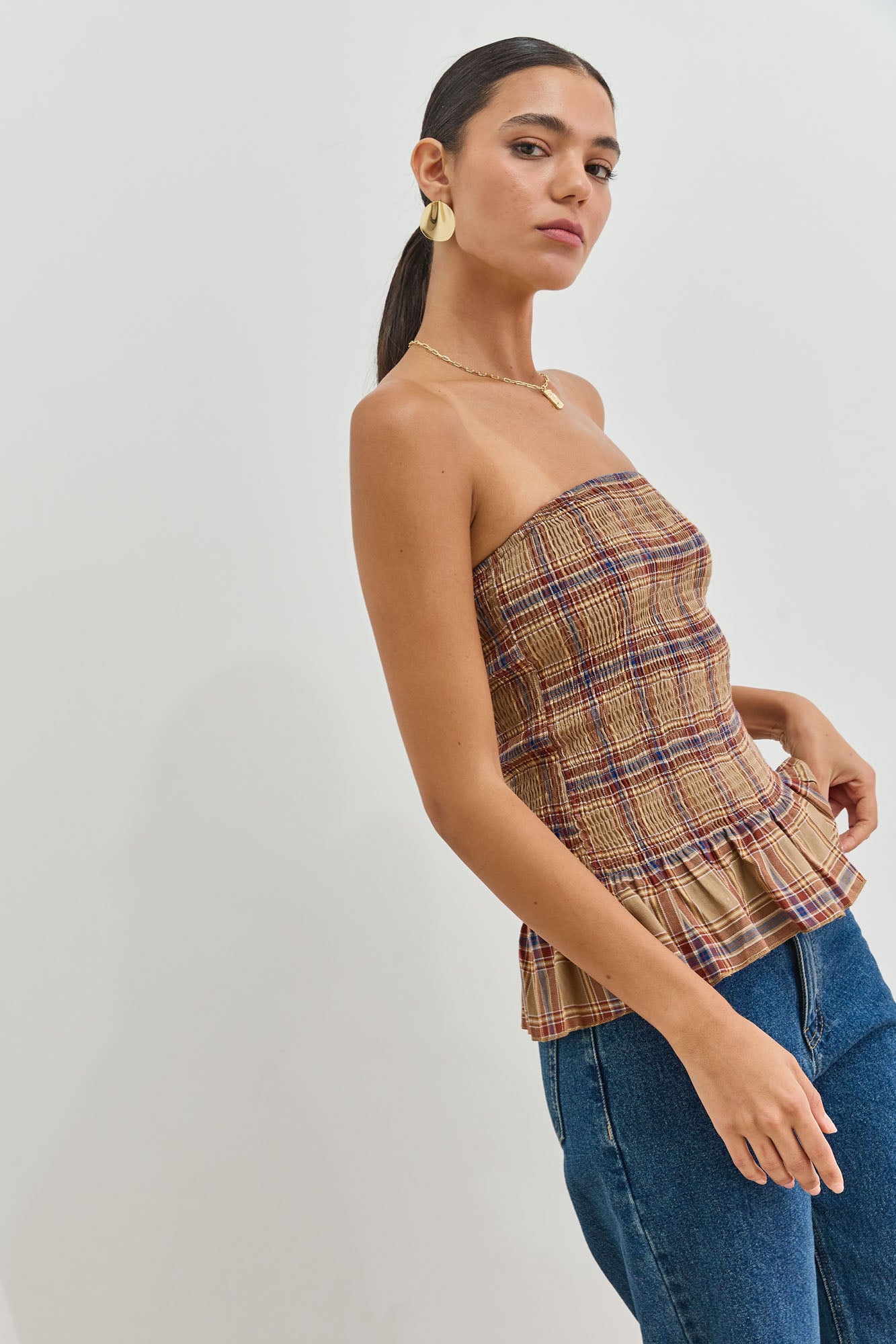 סטרפלס אוהיו משבצות בשילוב פפלום | חום