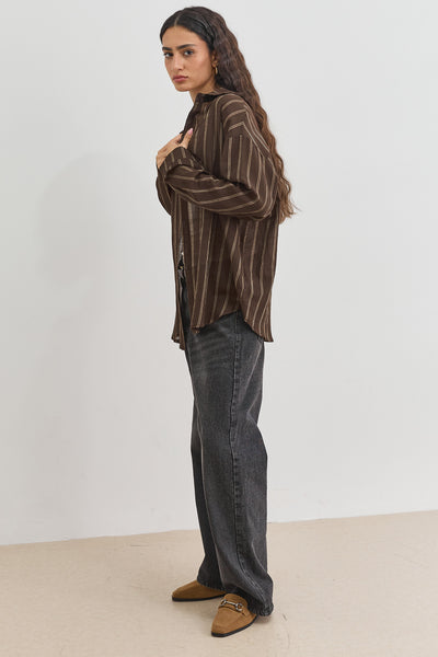 חולצה מכופתרת סאני סטרייפס בד שקפקף | חום