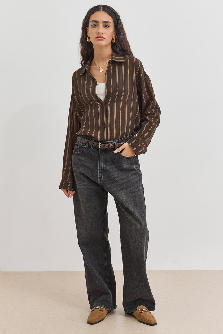 חולצה מכופתרת סאני סטרייפס בד שקפקף | חום