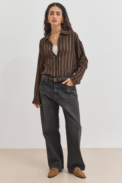 חולצה מכופתרת סאני סטרייפס בד שקפקף | חום